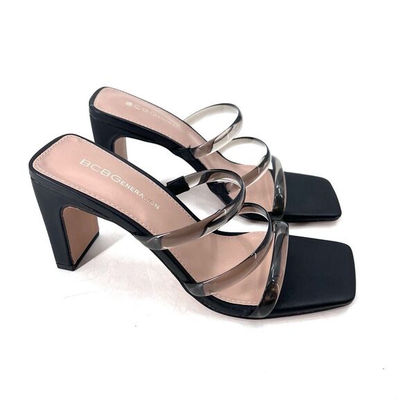 BCBGeneration Falla Black Block Heel Square Toe Sandals High Heels - Picture 1 of 8